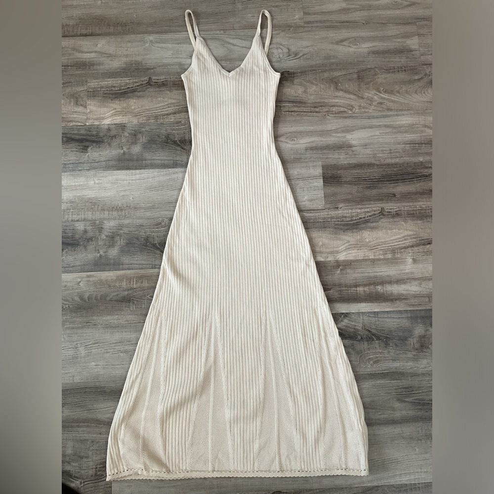 Caroline Constas Ivory Ribbed Fit & Flare Knit Maxi Dress